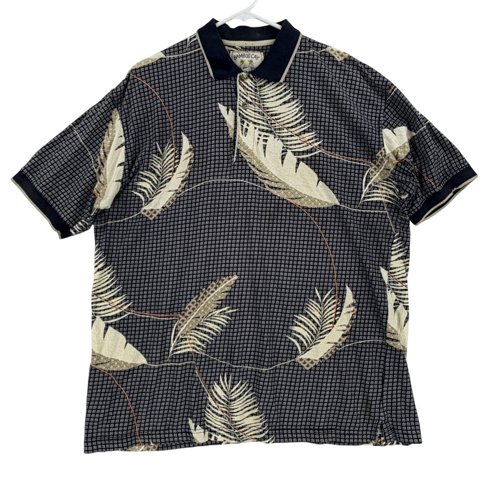 Bamboo Cay Polo Shirt Mens Large Black Palm Leaf Tropical Cotton‎ Knit Hawaiian